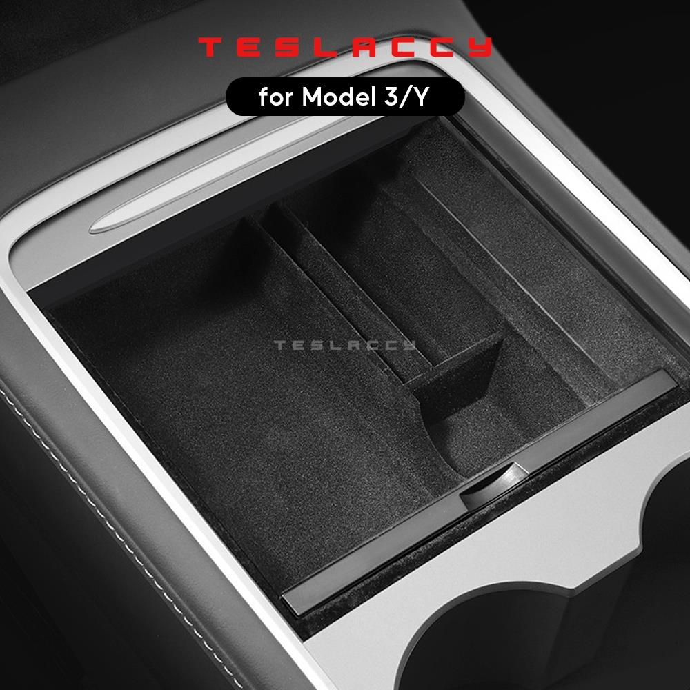 For Tesla Model 3 Y Hidden Storage Box Car Center Console Armrest Front and Rear Flocking Layered Grid Organized Container Slide