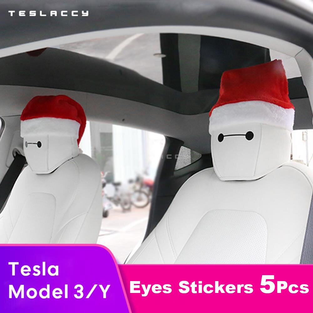 5 Pcs Car Styling Interior Seat Decor Eyes Stickers Big Eyed Trim Christmas Hat for Tesla Model 3 Y X S Decoration Accessories