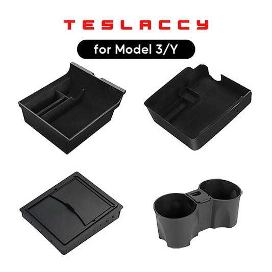 For Tesla Model 3 Y Hidden Storage Box Car Center Console Armrest Front and Rear Flocking Layered Grid Organized Container Slide